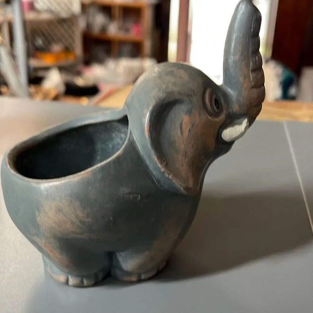 Mexico terracotta small elephant planter hand painted.